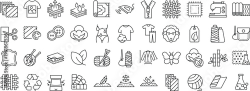 Set of line icons related to textile industry, fabric feather. Editable stroke. Vector