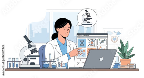 Female Scientist Analyzing Data in Laboratory with Laptop