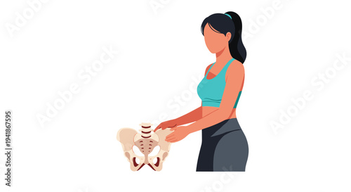 A woman with a ponytail, wearing a teal sports bra and dark grey leggings, stands next to an anatomical model of a human pelvis.