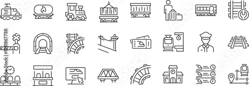 Set of outline icons related to railway. Linear icon collection. Editable stroke. Vector