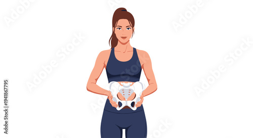 A smiling woman with a ponytail, wearing a dark blue sports bra and leggings, holds a white anatomical model of a human pelvis.
