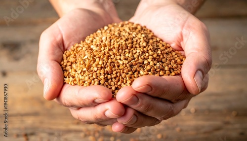 Hands holding a pile of buckwheat grains against a wooden background