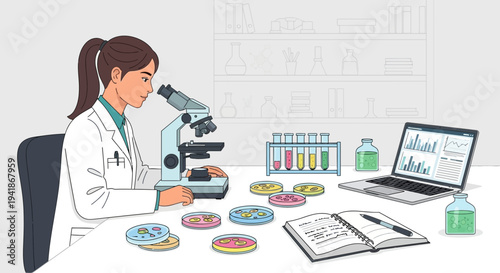 Female Scientist Analyzing Samples with Microscope in Laboratory