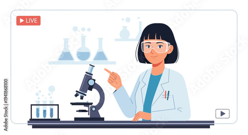 Female Scientist Demonstrating Lab Experiment Online via Microscope