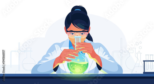 Female Scientist Examining Chemical Reaction in Laboratory Flask