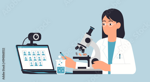 Female Scientist Engages in Online Laboratory Work and Virtual Meeting