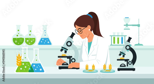 Female scientist examining genetically modified crops under a microscope in a laboratory