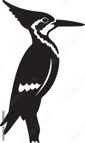 Black silhouette of a woodpecker with long beak and crest on white background