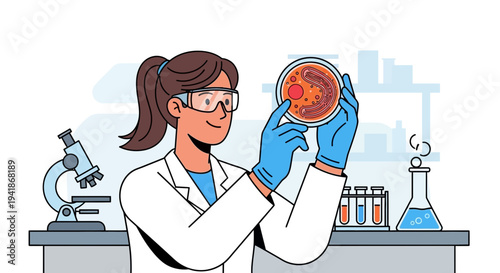 Female Scientist Examining Petri Dish in Laboratory