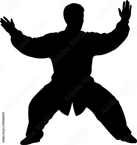  Silhouette of tai chi practitioner isolated on white background.
