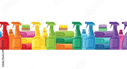 A seamless horizontal pattern displays a repeating sequence of colorful cleaning product bottles, brushes, and towels in a rainbow spectrum.
