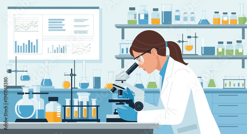 Female Scientist Examining Sample Under Microscope in Laboratory