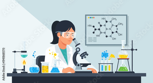 Female Scientist Examining Sample with Microscope in Laboratory