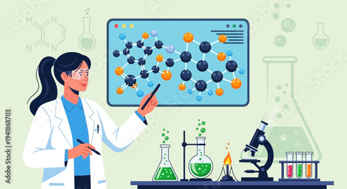 Female Scientist Explaining Molecular Structure on Screen in Laboratory