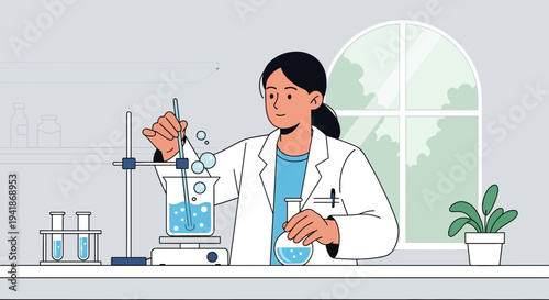 Female Scientist in Lab Coat Performs Chemistry Experiment with Beakers and Test Tubes
