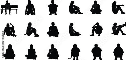 People sitting silhouettes collection with various seated poses including bench sitting and relaxed positions, human figure vector illustration set