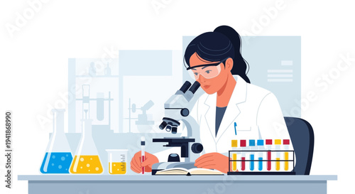 Female Scientist in Lab Coat Using a Microscope for Research