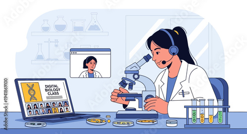 Female Scientist in Lab Conducting Virtual Research with Microscope