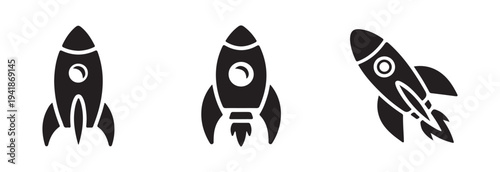 Simple black silhouette vector icon set of three different retro style cartoon rocket ships