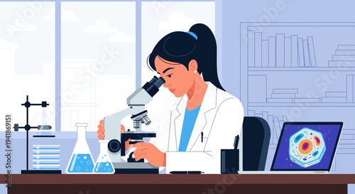 Female Scientist in Lab Examining Sample Under Microscope