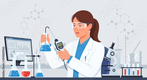 Female Scientist Measuring Liquid in Laboratory Flask