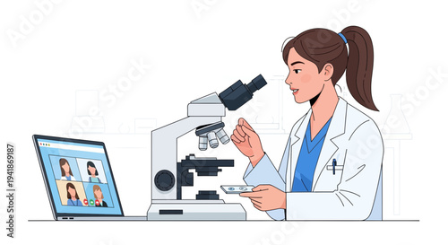 Female Scientist Microscope Video Conference Lab Research
