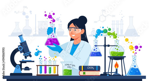 Female Scientist Mixes Chemicals in Laboratory, Wearing Protective Gear