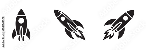 A set of five unique black vector icons depicting spacecraft in various phases of flight including launch ascent and angled trajectory