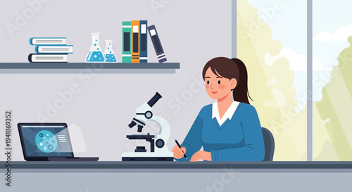 Female Scientist Studying at Desk with Microscope and Laptop