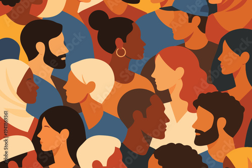 Flat vector illustration showing a diverse group of people in a crowd composition symbolizing multicultural society, inclusion, and community connection.