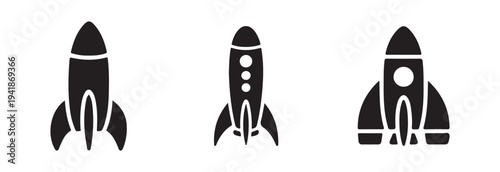 Group of three different black rocket icons displaying various tail configurations and body details against white