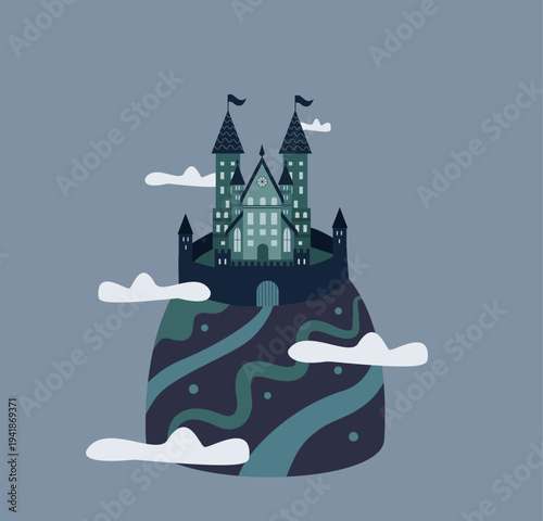  Fairy Tale Castle on Mountain Cliff – Fantasy Medieval Kingdom Vector Illustration 