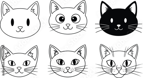 Six different cat faces in black and white
