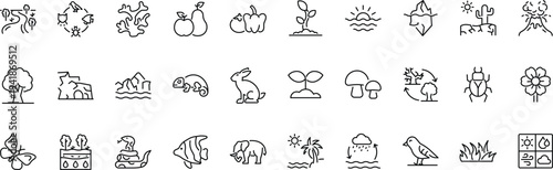Set of outline icons related to nature. Linear icon collection. Editable stroke. Vector