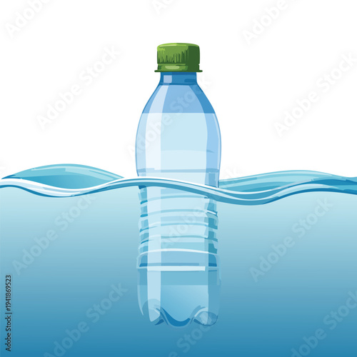 Transparent plastic water bottle floating on water