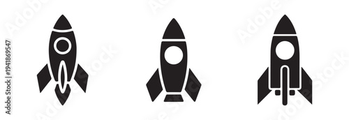 Set of three simple black silhouette rocket ship icons for space travel exploration and launch concept