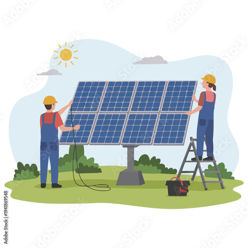 Two workers in hard hats installing a large solar panel in a green field under a sunny sky
