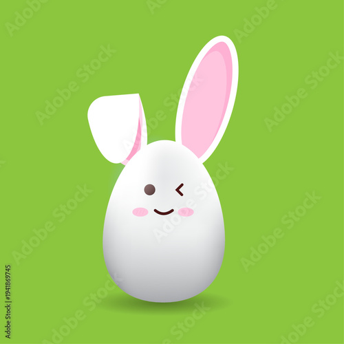 Cute cartoon bunny egg with pink ears and smiling face on green background