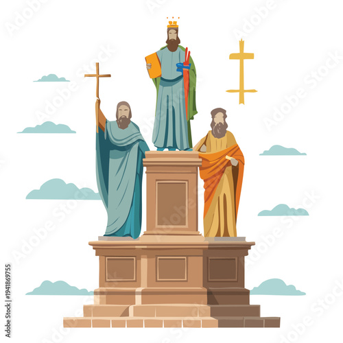 Stylized illustration of three religious figures on a pedestal