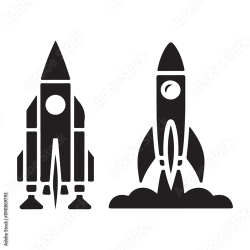 Set of two detailed black silhouette vector illustrations of complex spacecraft ready for launch and orbital flight