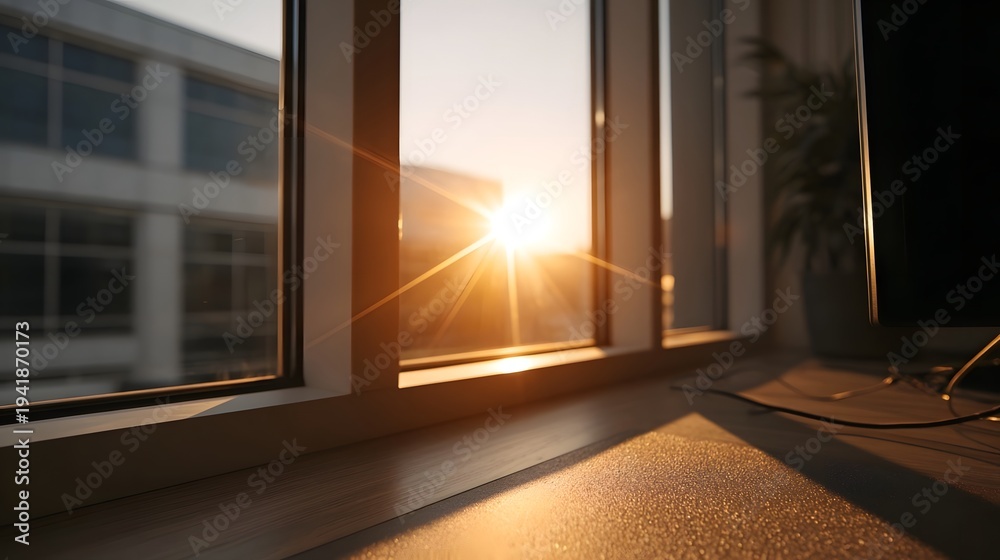 Fototapeta premium Golden sunlight streams through a modern window casting warm rays onto a ill inside a room