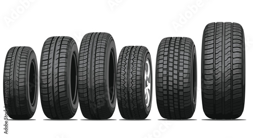 Six distinct black vehicle tires with unique tread patterns are arranged horizontally on a white background, one featuring a silver wheel rim.