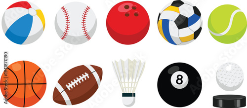 Sports equipment balls vector set, collection of soccer, basketball, baseball, tennis, bowling, rugby, badminton shuttlecock and billiard icons isolated illustration