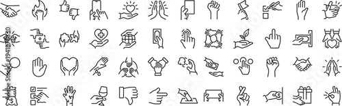 Set of outline icons related to hands. Linear icon collection. Editable stroke. Vector
