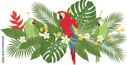 Tropical parrots vector illustration with macaw and green parrots among jungle leaves and flowers, exotic rainforest birds composition, vibrant nature wildlife design