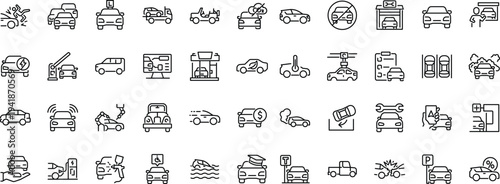 Set of outline icons related to car. Linear icon collection. Editable stroke. Vector