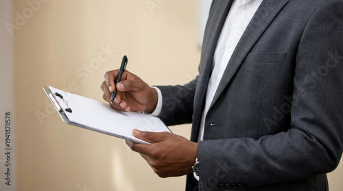 Professional man in a suit writing on a clipboard with a pen, business meeting or assessment