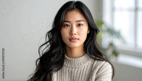 Portrait of a beautiful young Asian woman with long black hair and a cream sweater against a blurry background