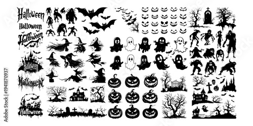 Collection of spooky Halloween silhouettes including witches, ghosts, pumpkins, zombies, bats, and haunted trees on white background