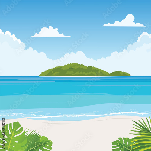 Tropical island scene with ocean and lush greenery